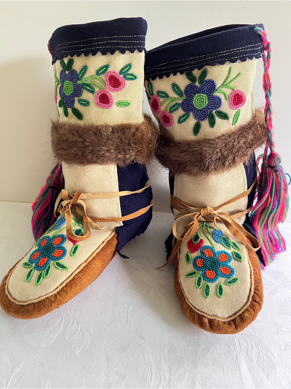 Vintage Handmade Native Beaded Moccasins Hide Felt Fur